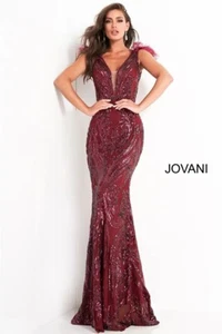 JOVANI 3180 Sequin & Feather Gown in Merlot Size 4 - Picture 1 of 18
