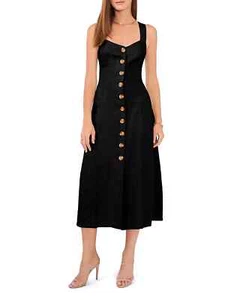 Vince Camuto 100% Linen Midi Dress XS Black Button Front Wide Strap NWT (bn17) - Picture 1 of 5