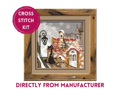 RIOLIS Counted Cross Stitch Kit 610 City & Cats Winter- Black Cat on a Rooftop - Image 1 of 4