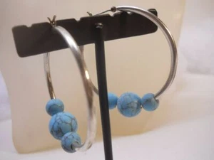 Sterling Silver Hand Crafted Large Turquoise Stone Hoop Dangle Earrings  SS65 - Picture 1 of 4