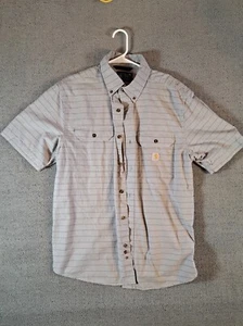 Carhartt Shirt Men Size L Gray/Gray Striped Loose Fit Button down Short Sleeve - Picture 1 of 8
