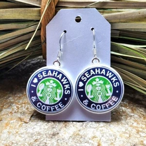 Seattle Seahawks Earrings NFL Football I Love Seahawks & Coffee Dangle Drop NWT - Picture 1 of 1