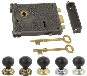 Floral Iron Rim Lock Ebonised Wood Wooden Bun Round Door Knobs - Choose Finish - Picture 1 of 7