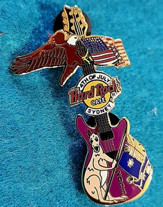 SYDNEY 4TH JULY 2005 KANGAROO FLAG AMERICAN BALD EAGLE GUITAR Hard Rock Cafe PIN - Picture 1 of 1