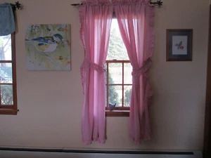 2 Pc Vintage JC Penney Pink Ruffled Lace Swag Tieback Curtains Drapes 73"L - Picture 1 of 9