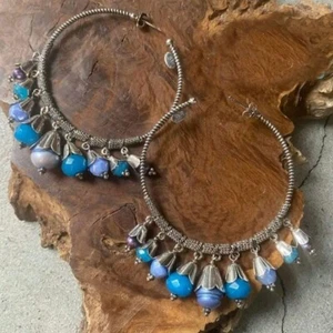 GAS BIJOUX Gold Hoop Earrings Large Turquoise Color Resort Style Silver Blue - Picture 1 of 3