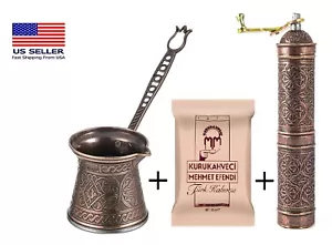 SET of Turkish Copper Coffee Pot, Arabic Greek Coffee Maker, Coffee Grinder 8 oz - Picture 1 of 3