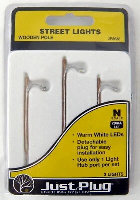 N Scale Just Plug Wooden Pole Street Lights (3 pcs) - Woodland Scenics #JP5638 - Image 1 of 4