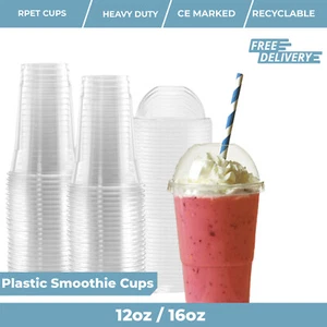 Smoothie Cups Domed Lid Clear Plastic Reusable Milkshake Party Cup 12 oz, 16 oz - Picture 1 of 8