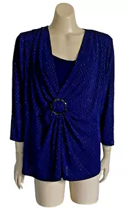 Vtg 80s PEER GYNT Sz XL 16 - 18 Tunic Stretchy 3/4 Sleeve Cocktail Glitter Blue - Picture 1 of 11