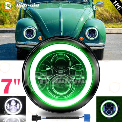 DOT 7''inch LED Headlight Green DRL+ Amber Turn Signal For VW Beetle Classic - Image 1 of 4