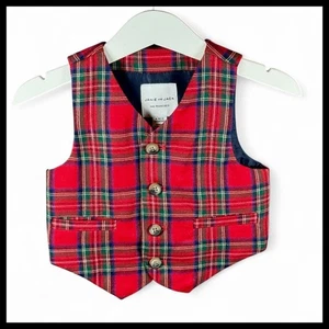 Janie & Jack Red Tartan Plaid Wool Tweed Vest Holiday Concert '20 Baby Boy 6-12M - Picture 1 of 7
