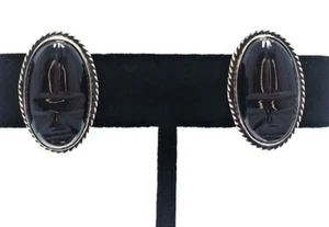 VTG Taxco Mexico Style Sterling Silver and Onyx Mask Earrings - Non Piercing - Picture 1 of 8