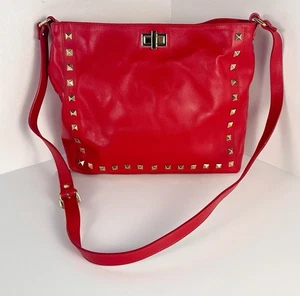 Doncaster Made In Italy Genuine Red Leather Studded Shoulder Bag Purse Brown - Picture 1 of 14