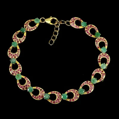 925 Sterling Silver Bracelet Round Emerald 4mm Ruby Gemstone Jewelry 8inches - Image 1 of 4