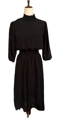 Vestido feminino Nanette Lepore tamanho 6 preto transparente manga balão gola alta midi - Imagem 1 de 4