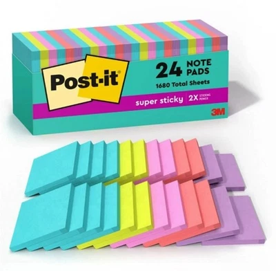 24 Pads Post-it Notes 3" x 3" Super Sticky Supernova Neons 70 Sheets/Pad
