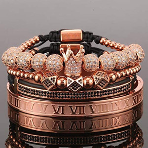 Charm Gold Men Crown Pave CZ Crown Beads Braided Bracelet Set Luxury Jewelry