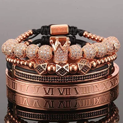 Conjunto de pulsera trenzada con cuentas de corona pavé de circonita cúbica y corona de oro para hombre joyas de lujo Foto 1 de 4