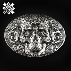 Santa Muerte, Schädel El Día de Muertos massiv 925 Sterlingsilber Gürtelschnalle - Bild 1 von 19