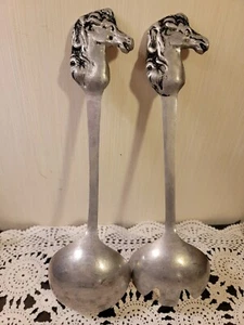 Vintage Pewter Salad Fork and Spoon Set Horse Head Handles Serving Set Western - Picture 1 of 4