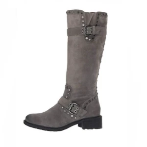 Sam Edelman Deryn DAMEN-BIKER-STIEFEL AUS GRAUEM VELOURSLEDER MIT SCHNALLE NIETEN - Bild 1 von 7