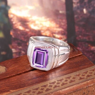 Natural Amethyst Gemstone With 14K White Gold Plated Silver Men's Ring #435 - Image 1 of 4