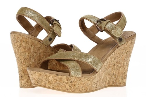 Sandali UGG Australia donna oro scamosciato slide zeppe alte con fibbia taglia 11