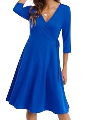 Perceptions New York Faux Wrap Blue Liquid Jersey Dress 3/4 Sleeve Large - Image 1 of 4