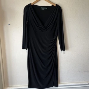 LAUREN RALPH LAUREN Black Side Ruched Faux Wrap Jersey Sheath Dress Sz 10 EUC - Picture 1 of 19
