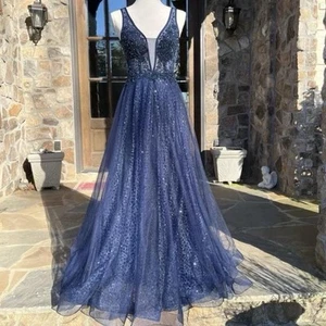 GB by Dillard's Juniors Size 3 Navy Blue Beaded Illusion Floor Length Ball Gown - Picture 1 of 8