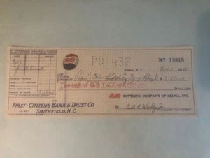 1966 check PEPSI-COLA Bottling Company of Selma 1st Citizens Bank Smithfield NC - Picture 1 of 4