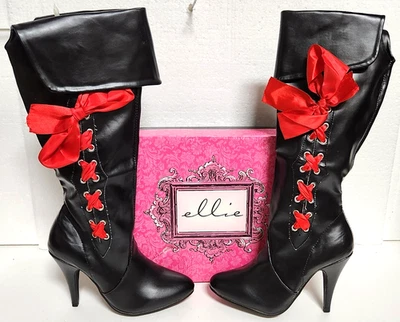 Size 6 Ellie Black Pirate Boots with Ribbon Accent & 4" Heel & Extra Ribbons - Image 1 of 4