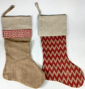 2 Country Burlap Jute Christmas Stockings Tan Red Accents Chevron Greek Key 21” - Picture 1 of 3