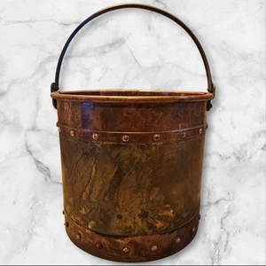Antique Brass Copper Riveted Bucket Pail Large Rustic Farmhouse Firewood Planter - Picture 1 of 8