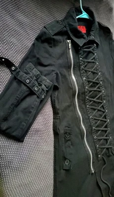 Rare Vintage Y2K Tripp NYC Black Corset Front Moto Jacket Trench Coat Size XL - Image 1 of 4