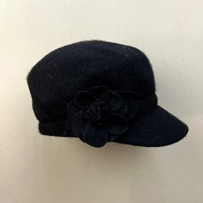 Vintage Newsboy Hat Flat Cap Womens 7-1/8 Black Trixie Flower Beret Cabbie y2k - Image 1 of 4