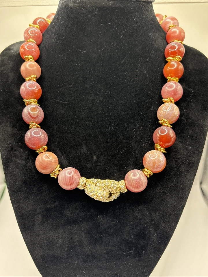 "Collar Vintage Natural Ágata Botswana Redondo Tono Dorado 18"" Cierre de Estrás" Foto 1 de 4