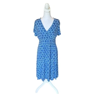 LL Bean Summer Knit Dress Short Sleeve Print Womens Size Medium Petite Blue - Picture 1 of 12
