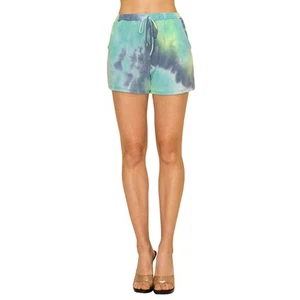Pantaloncini felpati estivi blu verde multicolore tie dye elastico in vita medi nuovi con etichetta - Foto 1 di 12