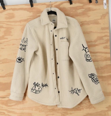 ZARA Sherpa Embroidered Fleece Snap Front Jacket Mens Medium - Image 1 of 4
