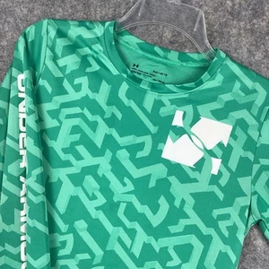 Under Armour Boys Heat Gear Loose LS Shirt Green Pattern White Size Large 707 - Picture 1 of 6