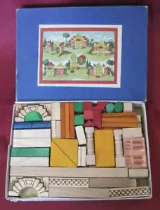 1950s VINTAGE KIDS CHILDRENS TOY WOODEN BUILDING BLOCKS HOUSE IN ORIGINAL BOX - Picture 1 of 10