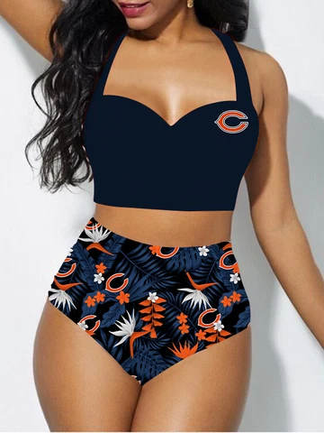 Chicago Bears Women's Bikini Set Halter Neck Swimsuit Tummy Control Bathing Suit Cover