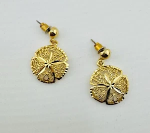 Vintage NOS Gold Tone Dangle Drop Stud Sand Dollar Earrings Filigree Open Work - Picture 1 of 5