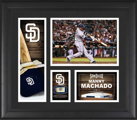 Manny Machado Padres FRMD 15" x 17" Player Collage with a Piece of GU Ball Cover