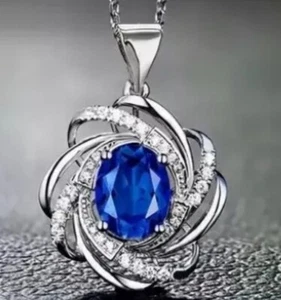 Sapphire Chain 925 Pebdant Stunning Blue UNISEX VALENTINES CHRISTMAS BIRTHDAY Uk - Picture 1 of 2