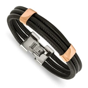 Stainless Steel Polished Rose IP Blk Leather 8 inch Bracelet - Picture 1 of 3