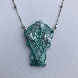 LANGE ANHÄNGER BLUMEN HALSKETTE JUGENDSTIL VIKTORIANISCHER STIL GRÜN BLAU SILBER PLÄTT - Bild 1 von 7