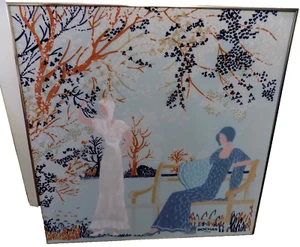 Vtg Framed Rochas Paris Scarf Silk 28.5" square 1920s women in garden tree bench - Picture 1 of 15